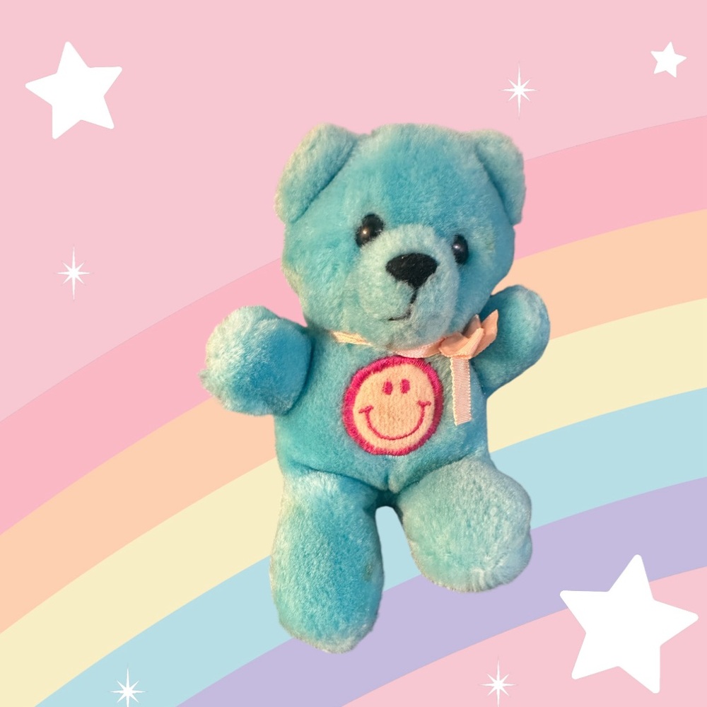 Vtg 1988 Dakin Blue Plush Teddy Bear Stuffed Animal Smiley Face Lil Brownie 6"